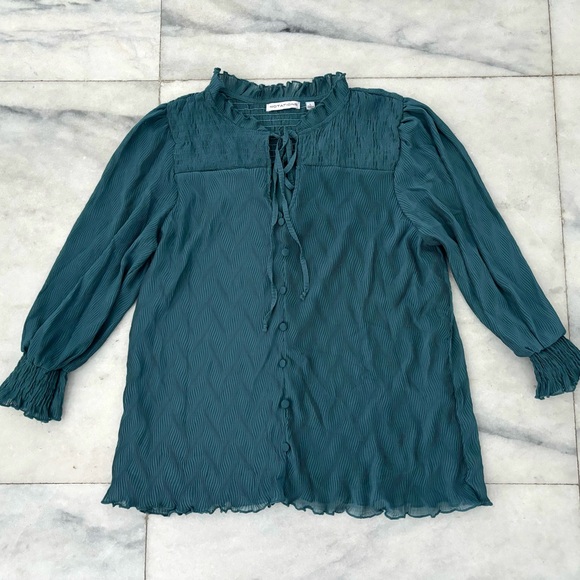 Vintage Notations Blouse Teal Smocked Lined Button Cottage Peasant Romantic LG - Picture 1 of 11